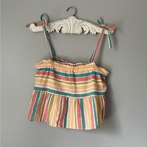 Frilly Summer Striped Linen Blend Tie-Strap Top in Mauve, Teal & Mustard by Roxy